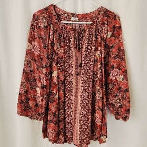 🔥Red Floral Bohemian Print Blouse Smocked Neck Keyhole Neck Long Sleeve Sz 1X